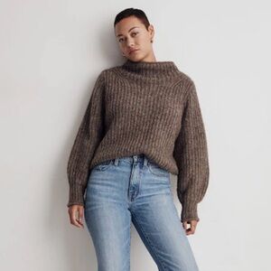Madewell Loretto Mockneck Sweater Taupe Brown Ribbed Chunky Fisherman Knit Cozy